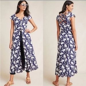 Anthropologie Maeve Tate Sundress Crisscross Midi Navy White Floral Sz 10